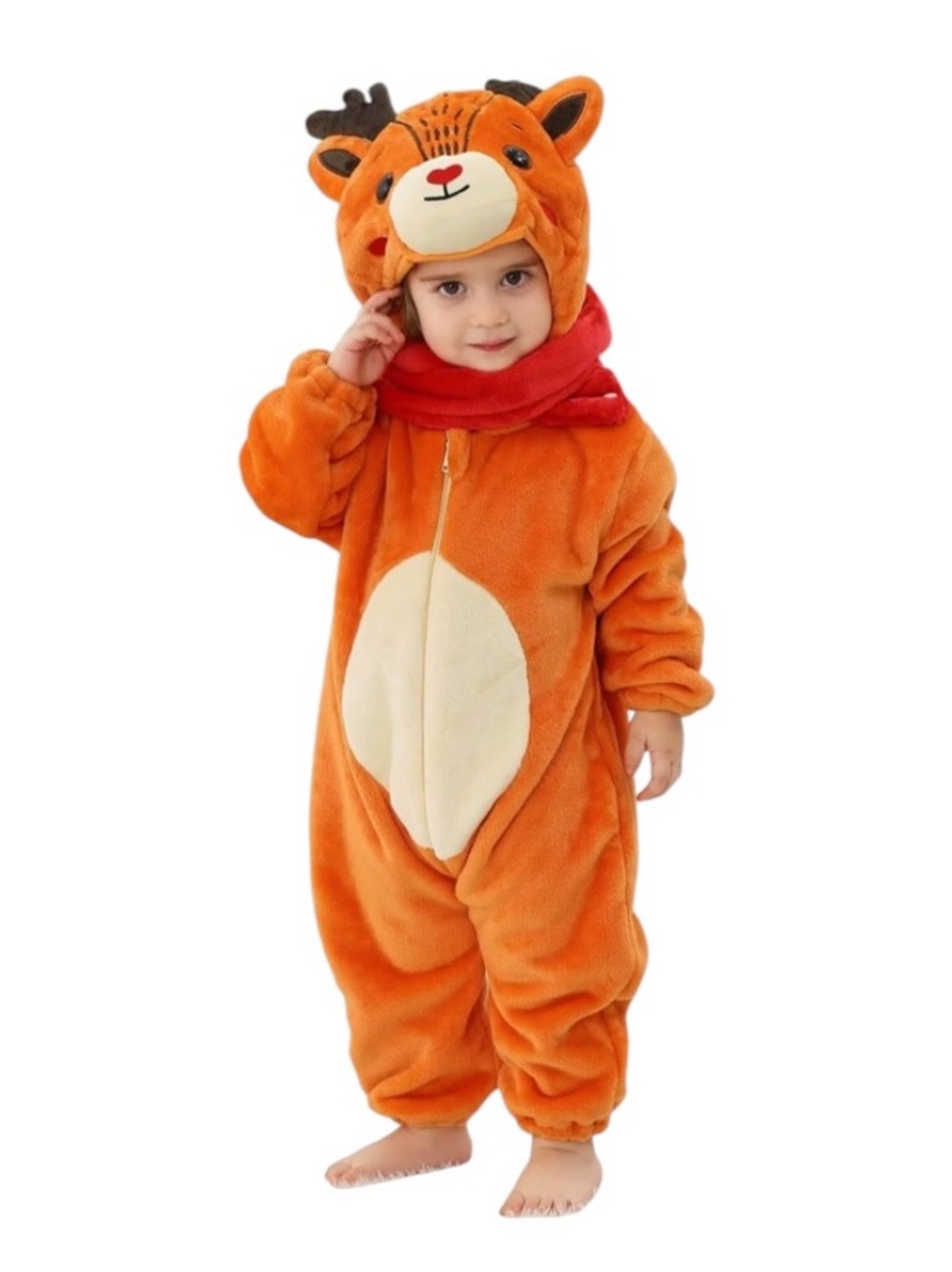 Reindeer Rudolph Plush Pajamas Hoodie Costume with Red Scarf